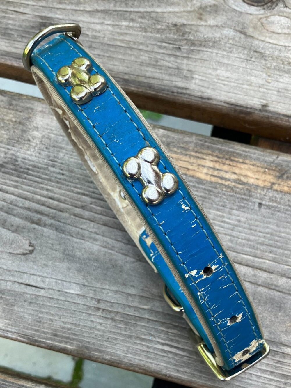 🐶💙 Blue Leather Studded Dog Collar | Silver Bone Studs | Thick Padded Collar |